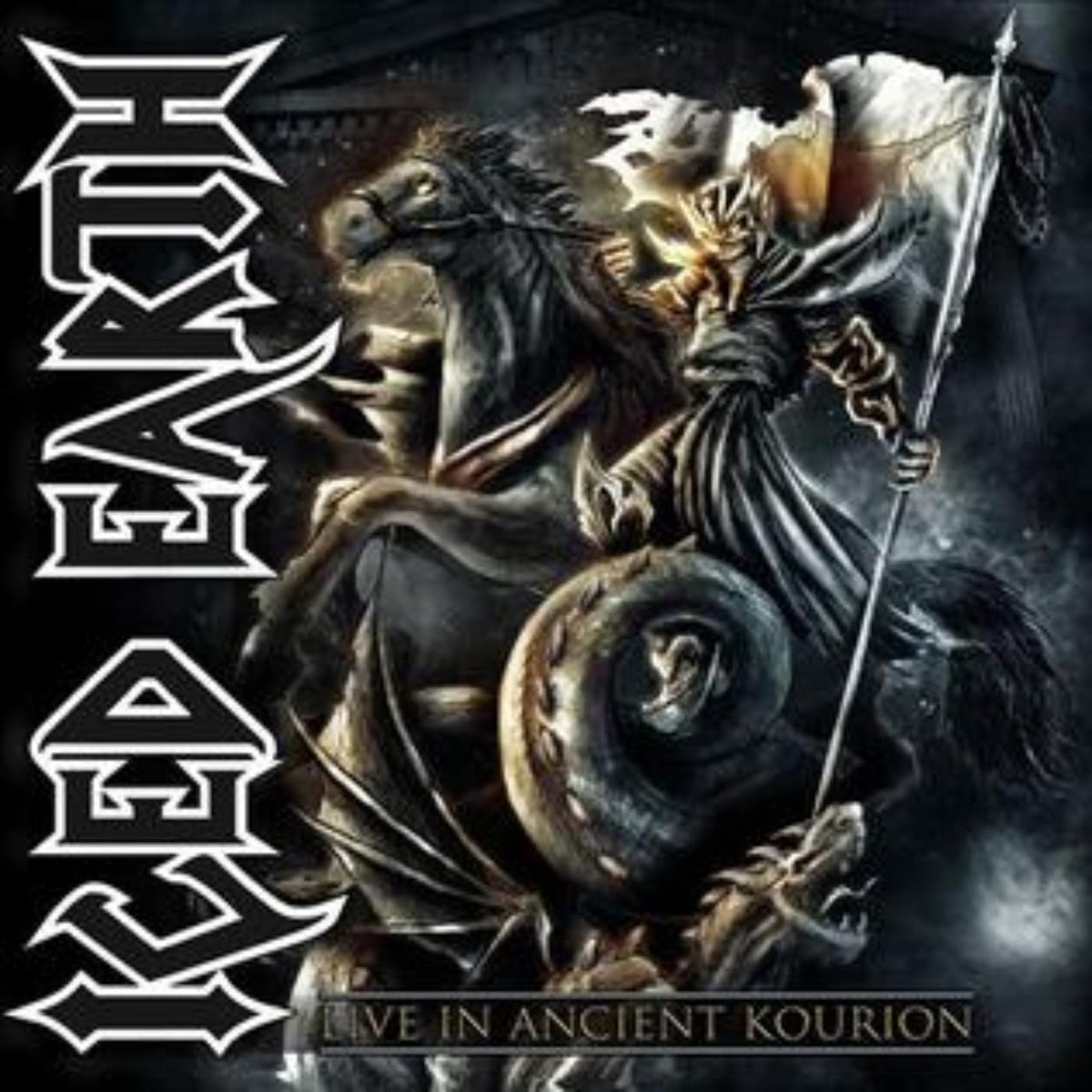 Iced Earth album cover featuring a dramatic illustration of a warrior and horse.
