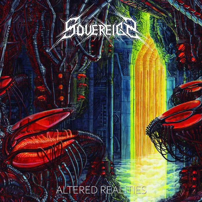 Sci-fi album cover with biomechanical structures and glowing doorway.