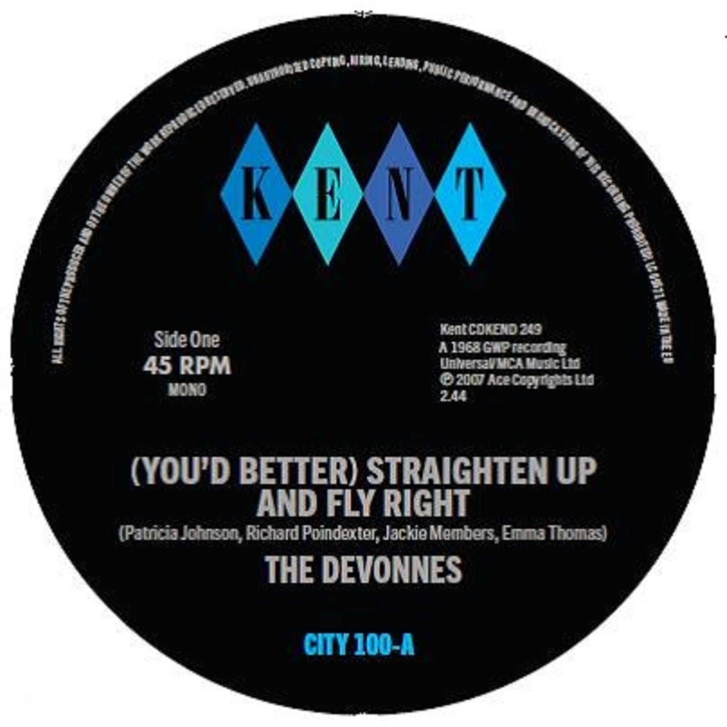 Black vinyl record label with blue diamond-shaped "KENT" logo and song titles.