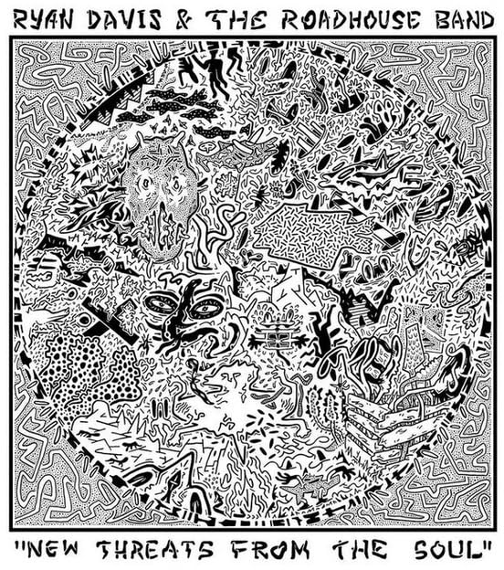 Black and white album cover with intricate, swirling line art and text.