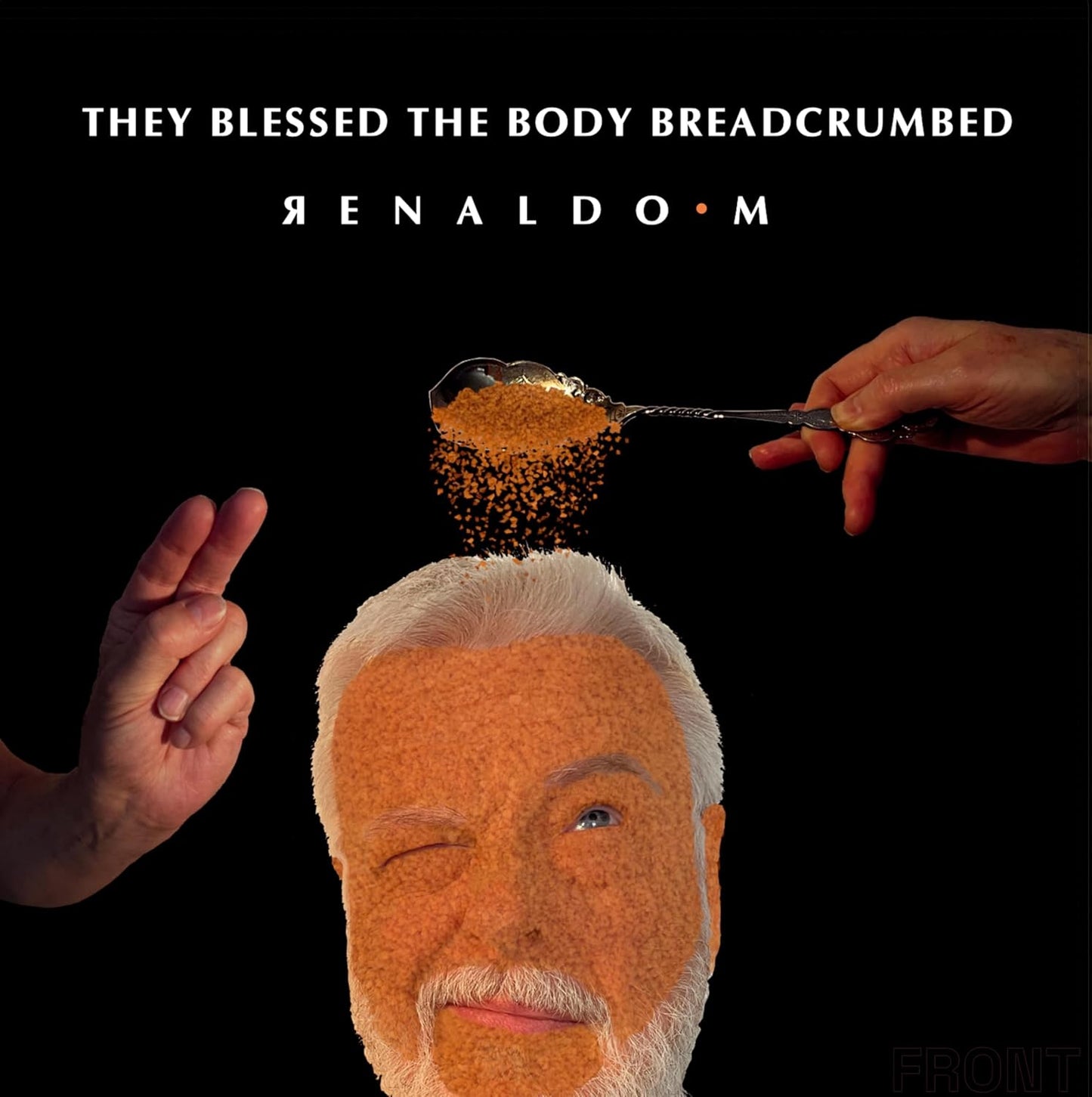 Album cover featuring a man’s face textured like breadcrumbs with a spoon.