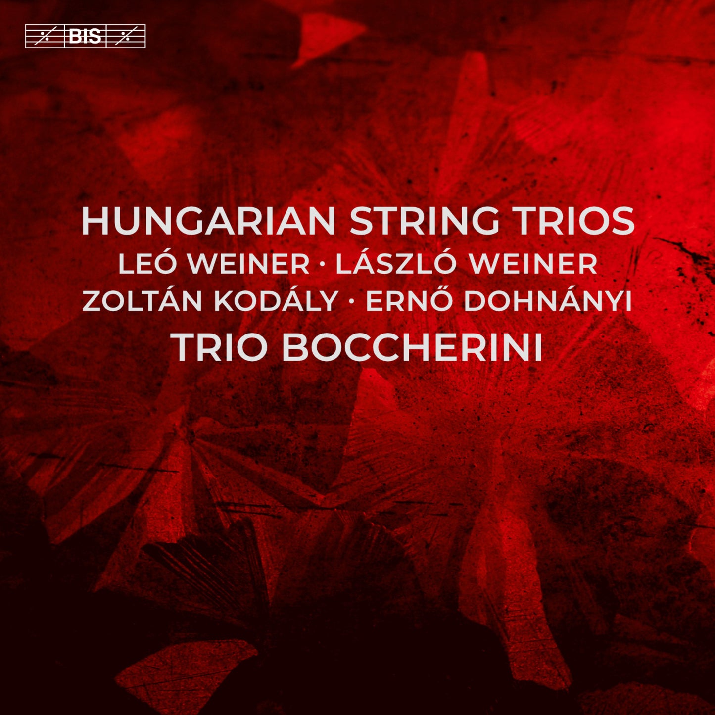 CD cover for "Hungarian String Trios" by Trio Boccherini, red background.