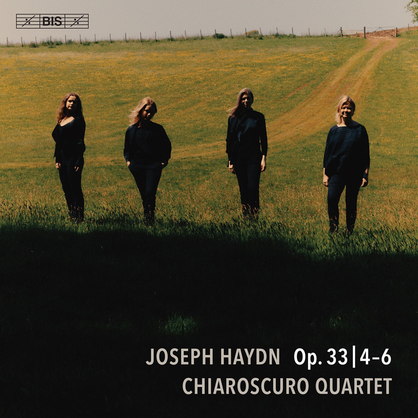 CD cover: Chiaroscuro Quartet in a field, text “Joseph Haydn”.