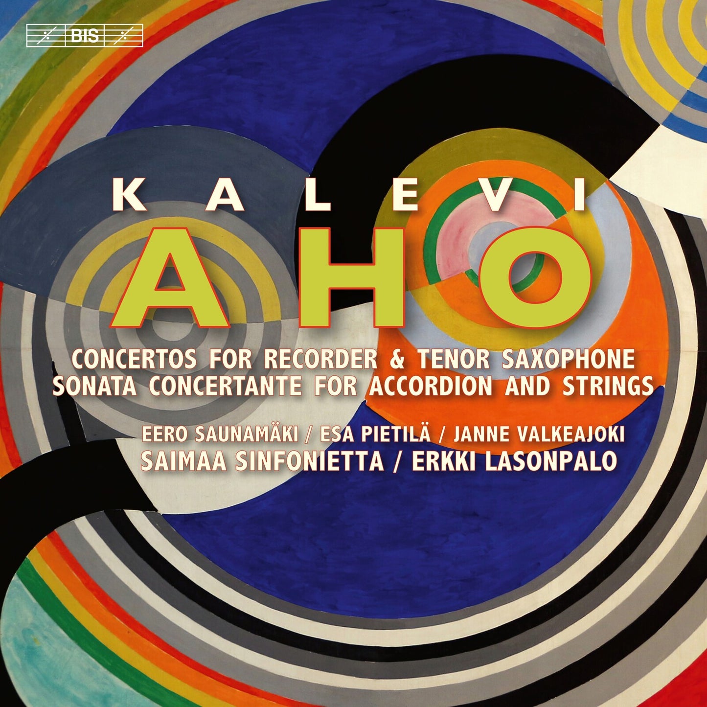 CD cover for Kalevi Aho concertos featuring colorful abstract design.