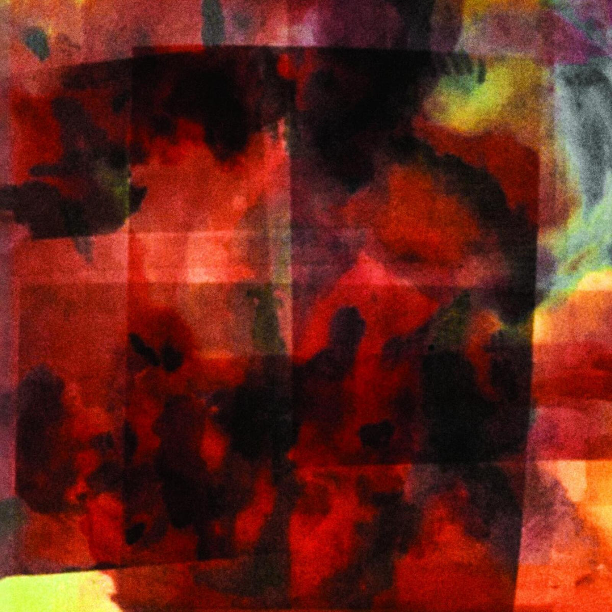 Abstract square painting with red, black, and yellow watercolor textures.