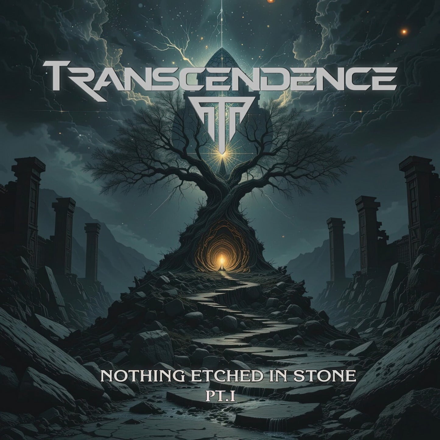 Album cover: dark fantasy landscape with a glowing tree and ruins.
