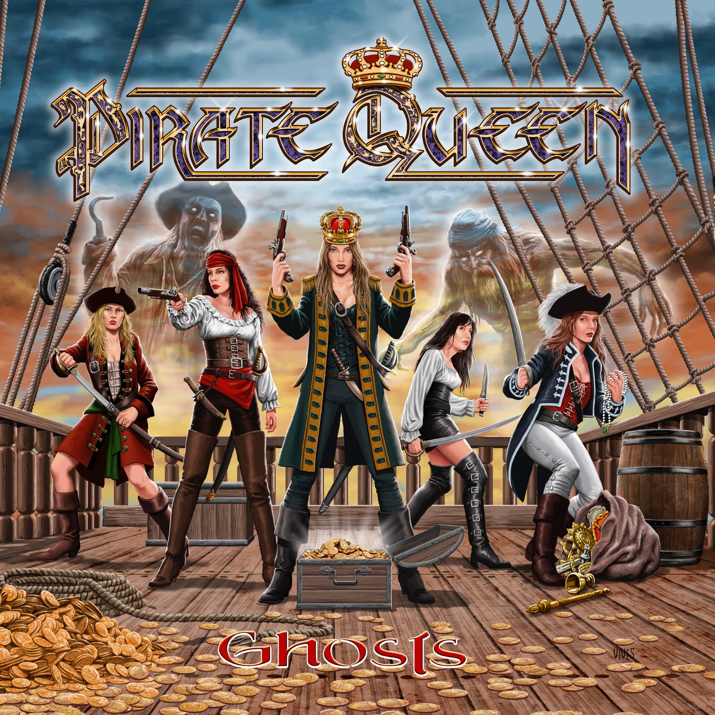 Pirate Queen album cover with five women and ghostly figures on a ship.
