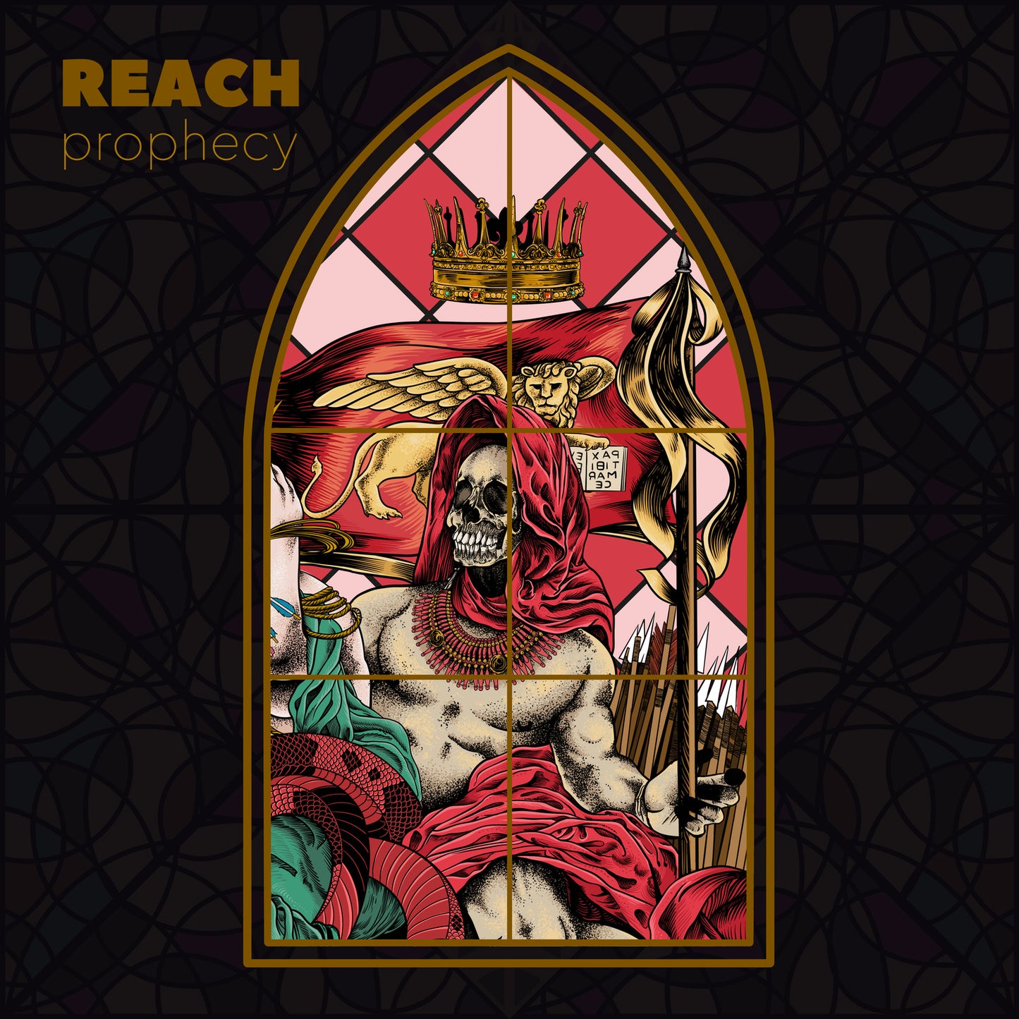 CD cover: gothic stained-glass design with skull, lion, and draped figure.