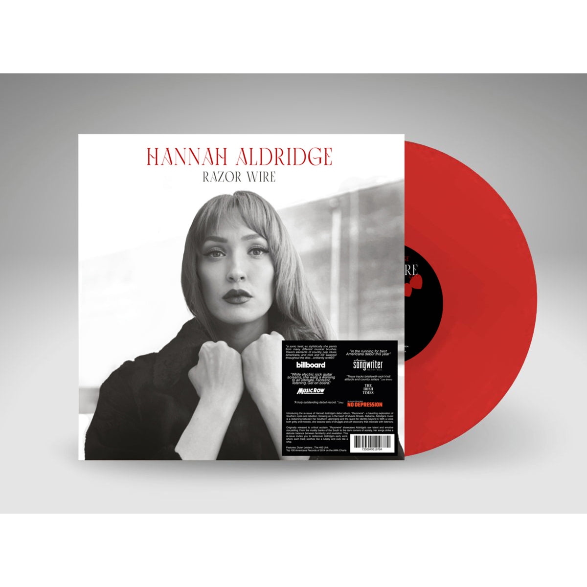 Hannah Aldridge "Razor Wire" deluxe vinyl record with red disc visible.