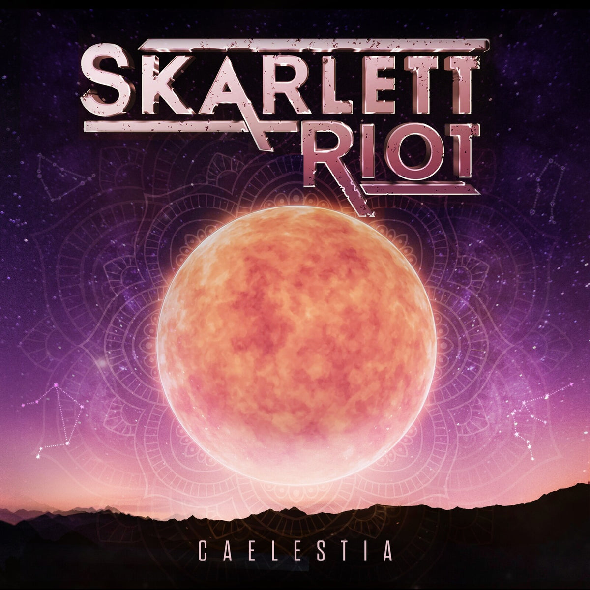 CD cover for Skarlett Riotās āCaelestiaā featuring a celestial, starry design.