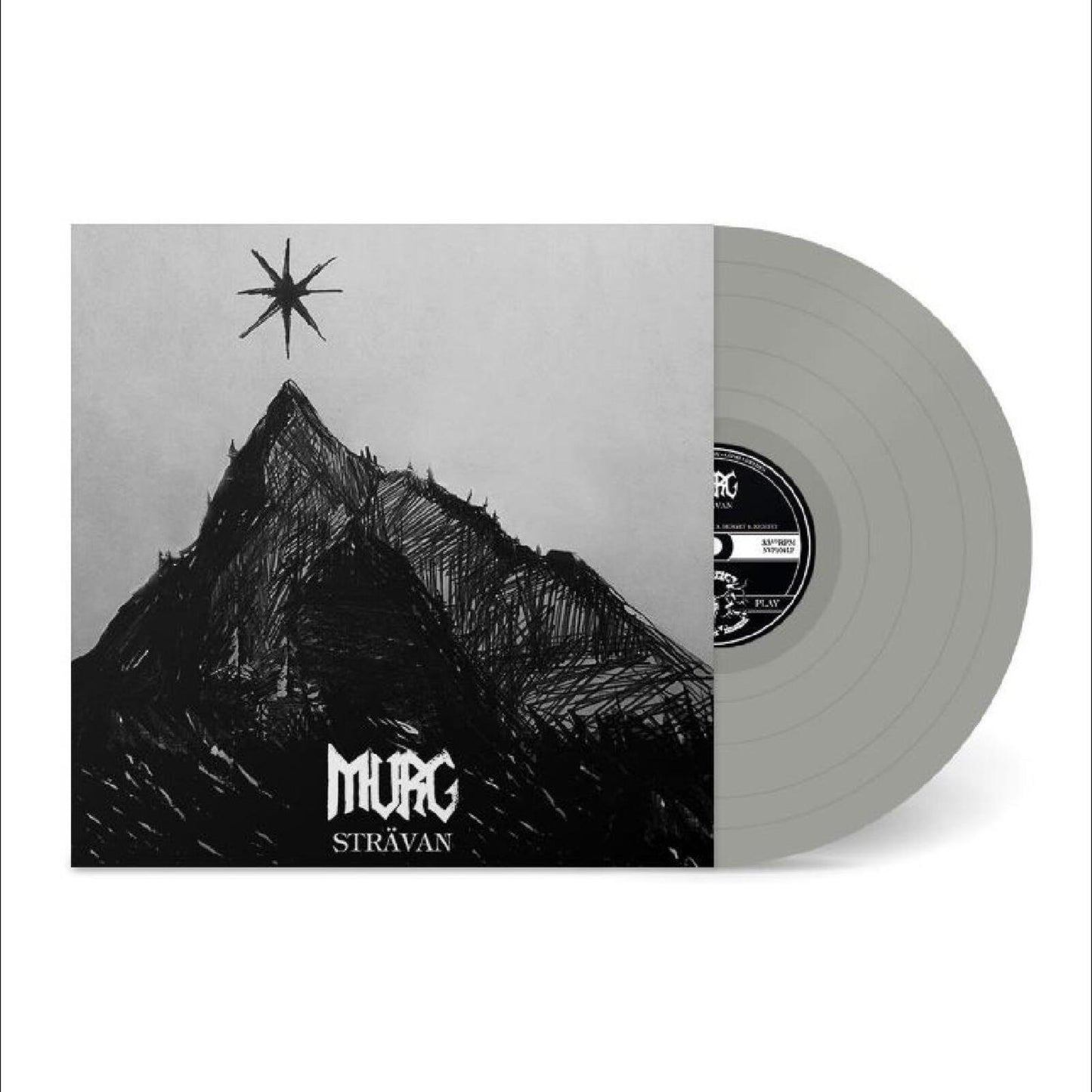 Gray vinyl record with black and white mountain range album art.