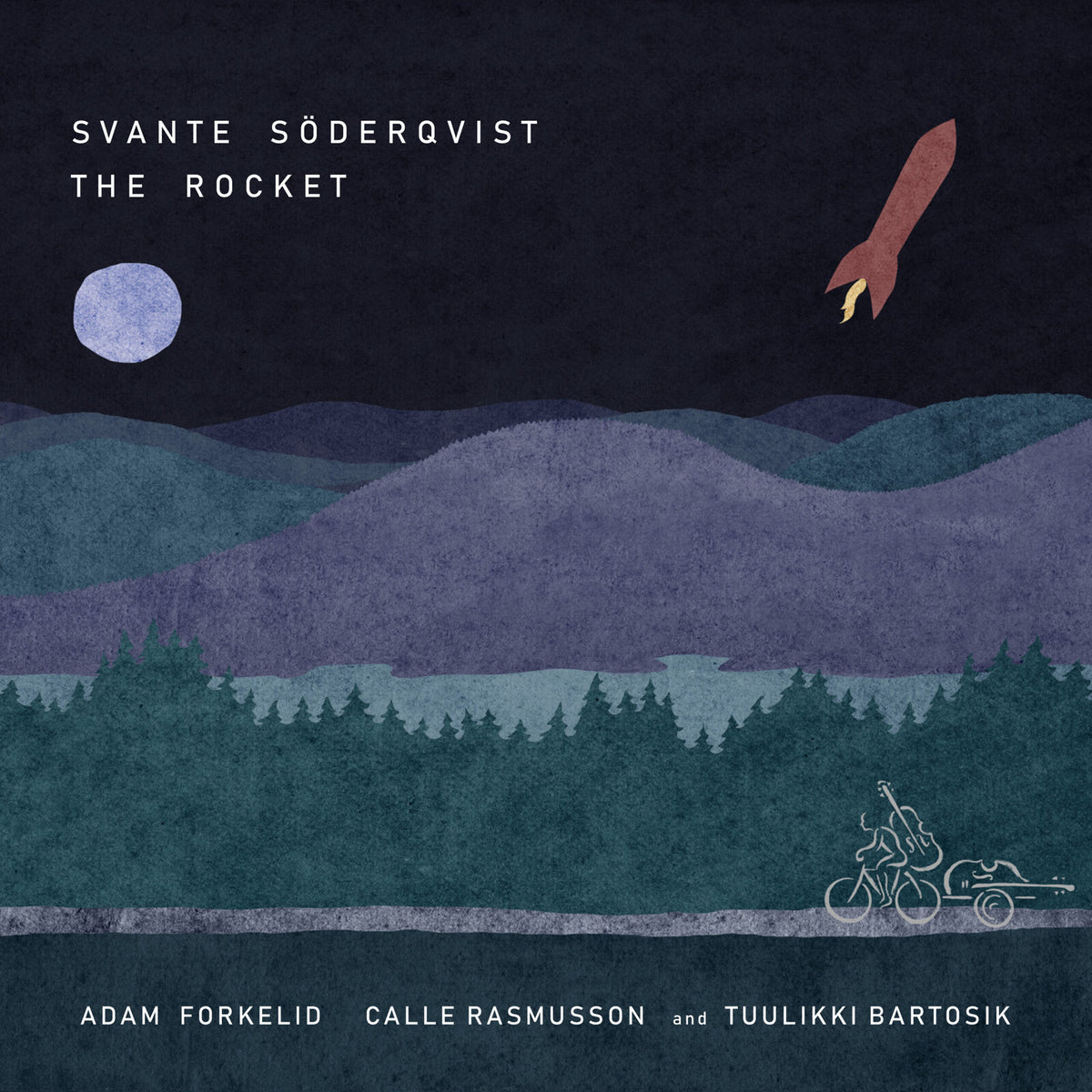 Album cover for "The Rocket" by Svante Söderqvist, with rocket and landscape.