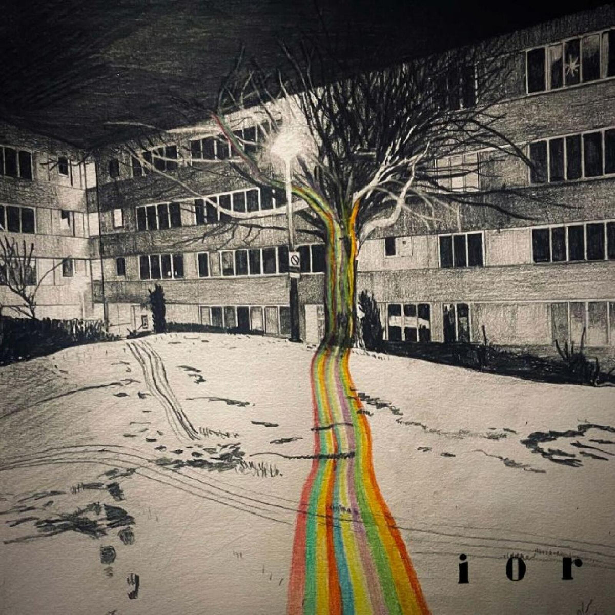 Black and white drawing of a building with a rainbow-colored tree.
