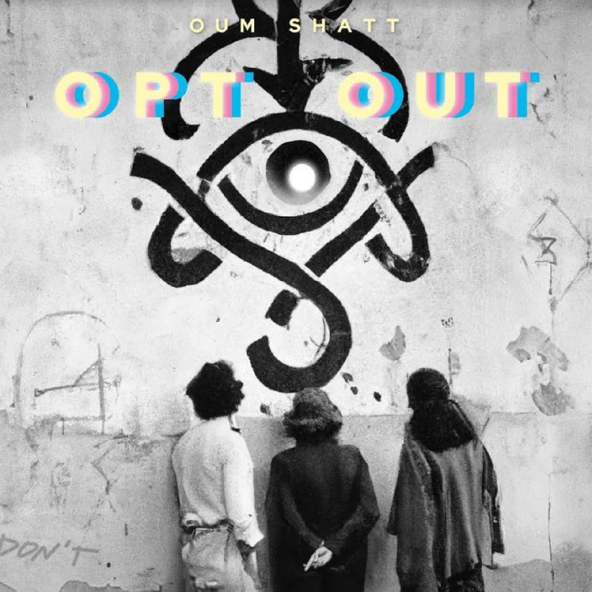 Album cover: three figures viewed from behind, with abstract eye art.