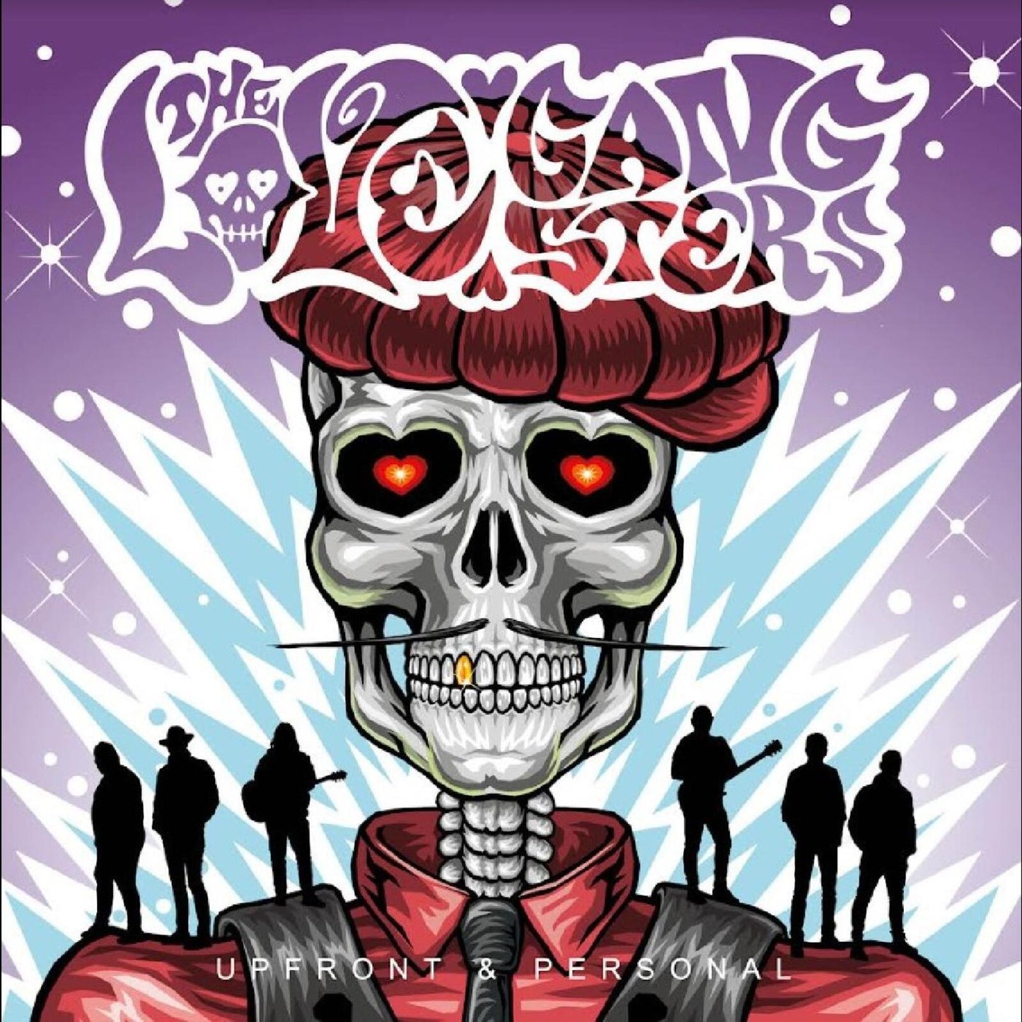 Album cover for "Love Gangsters" featuring a skull with a red hat and silhouettes.