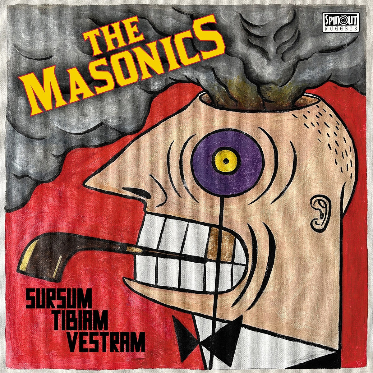 Red album cover featuring a cartoonish, distorted face with a pipe.