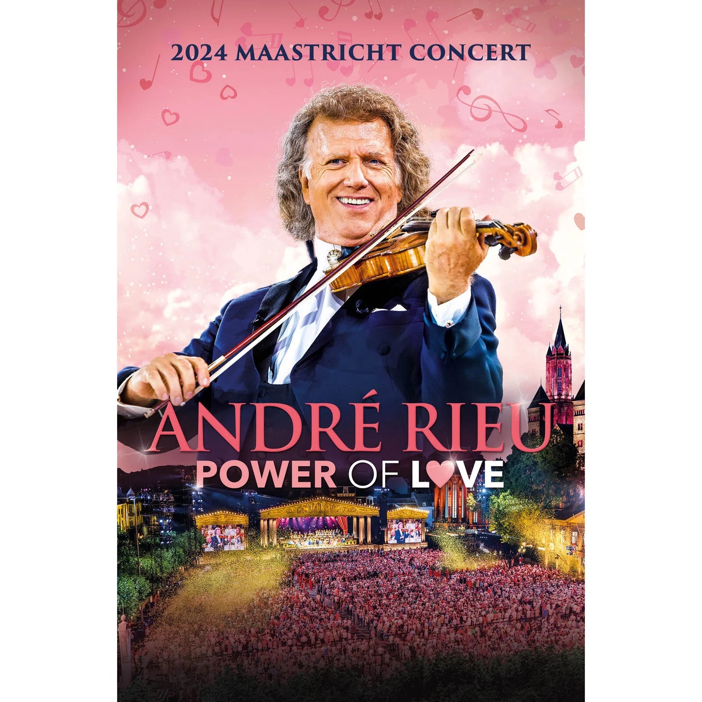 André Rieu playing violin with a cityscape and concert details.