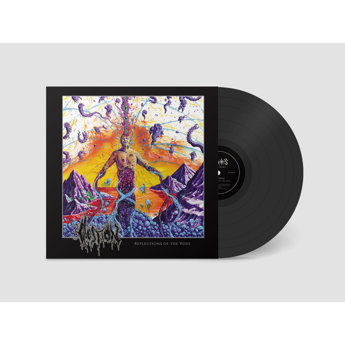 Vinyl record with colorful, surreal album art of a figure in a landscape.