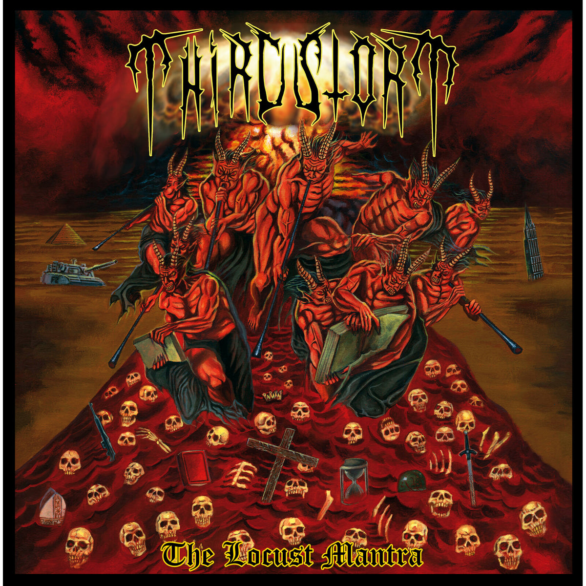 CD cover for "Third Storm - The Locust Mantra" featuring demonic figures and skulls.