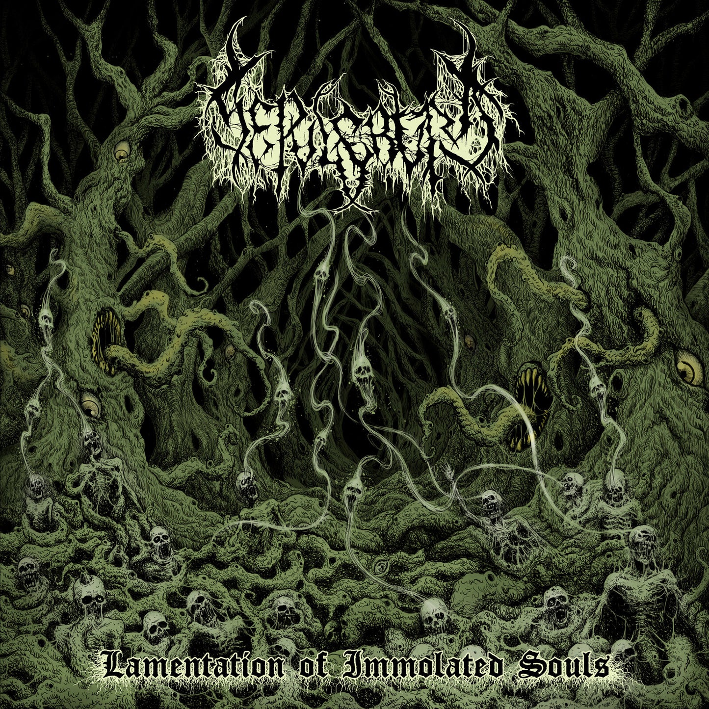 Dark album cover with twisted trees, skulls, and band name "Sepulcrum".