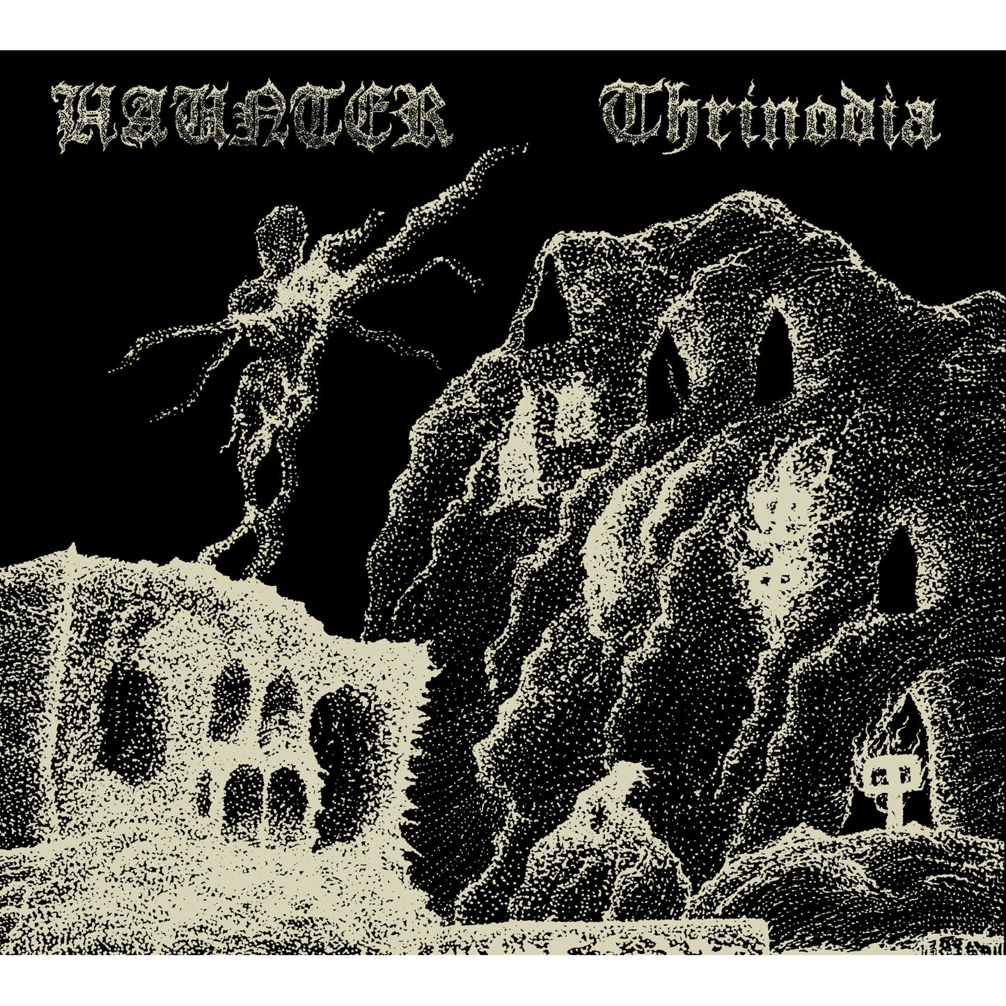 Black and white album cover with a ghostly figure and mountains.