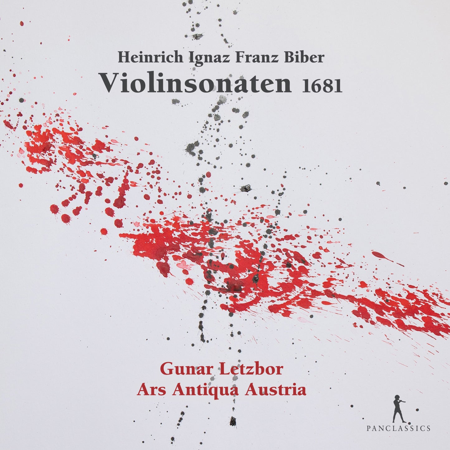 CD cover with red splatter art, text naming Biber’s violin sonatas.
