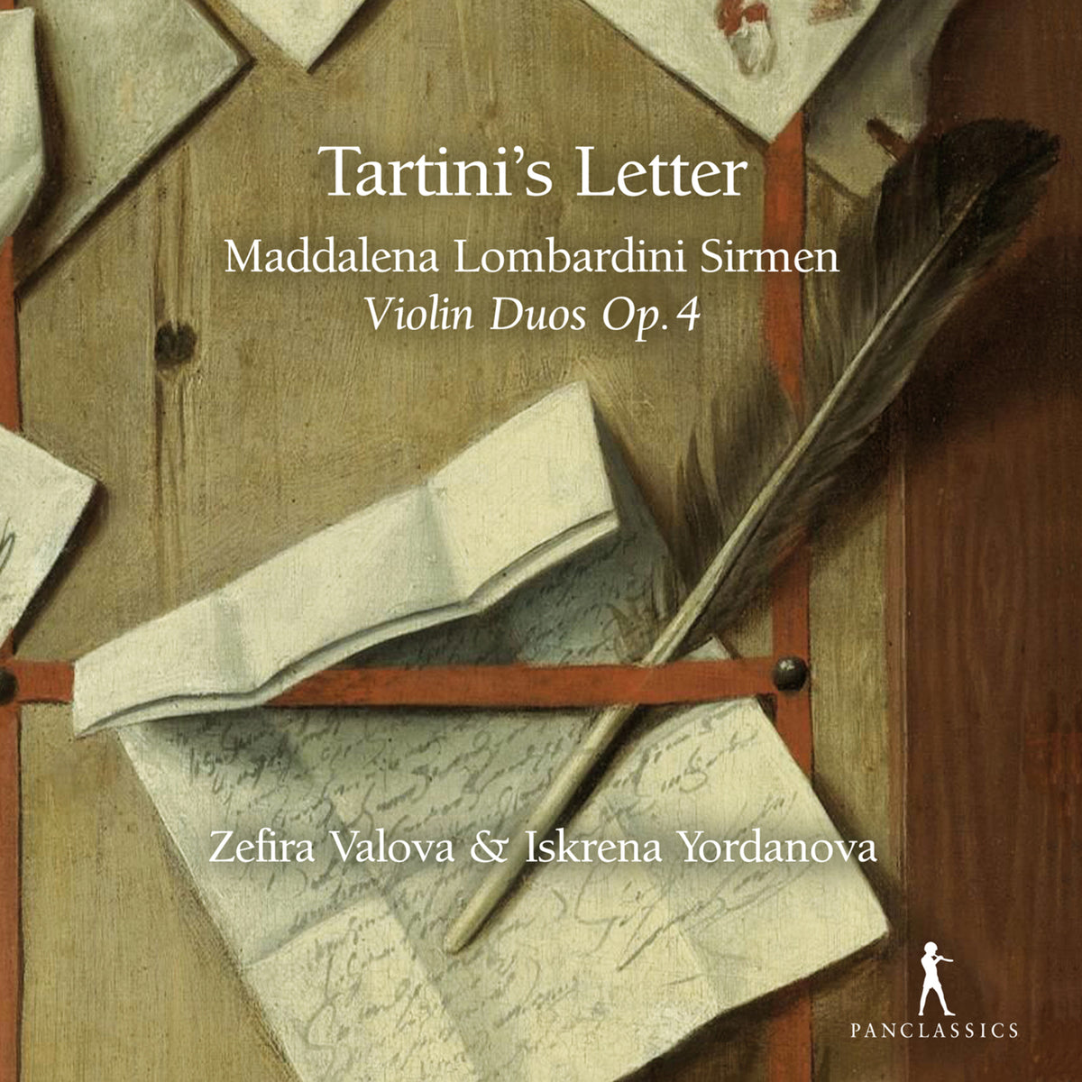 CD cover with open letters, quill, and violin music notation.