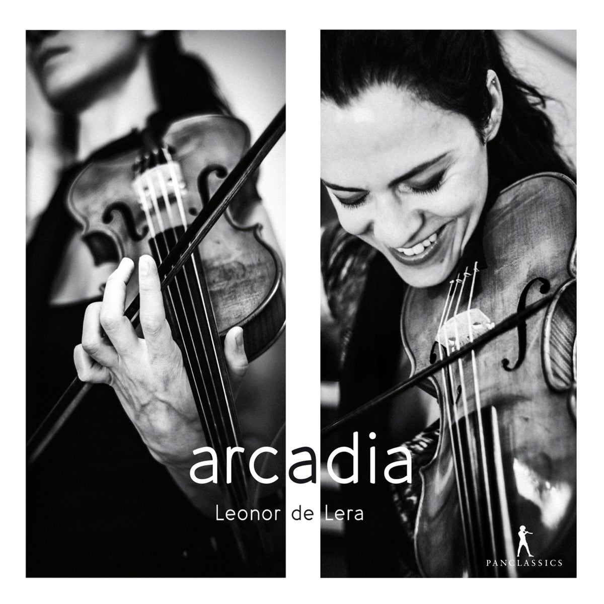 Black and white CD cover featuring two violinists and the title “Arcadia”.
