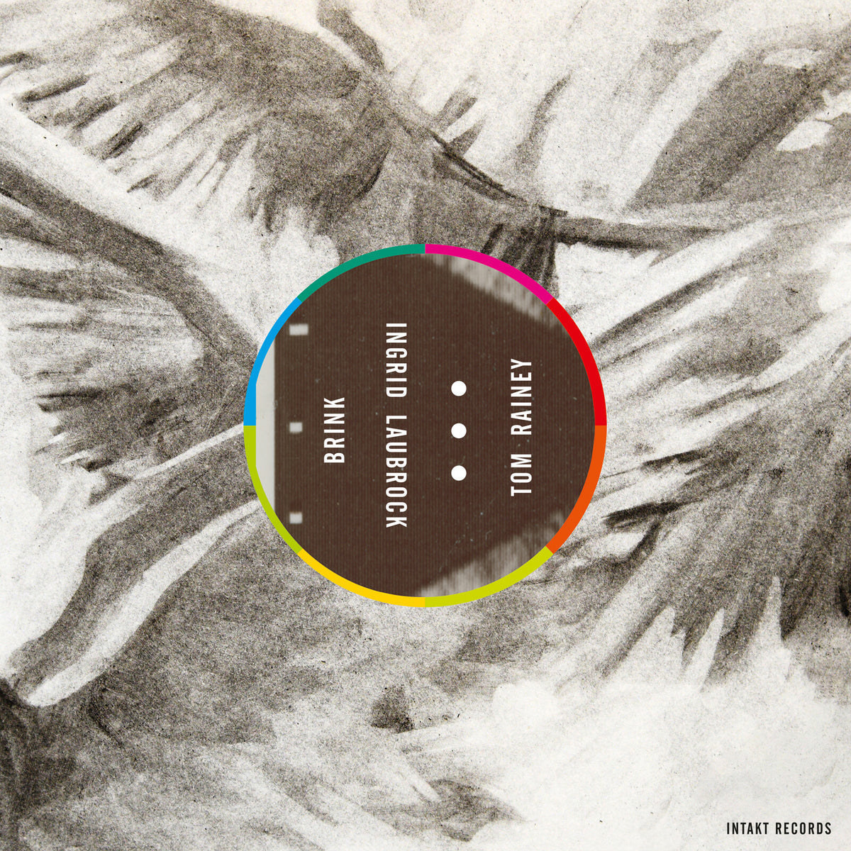 CD cover for "Brink" by Laubrock & Rainey, with abstract gray and color design.