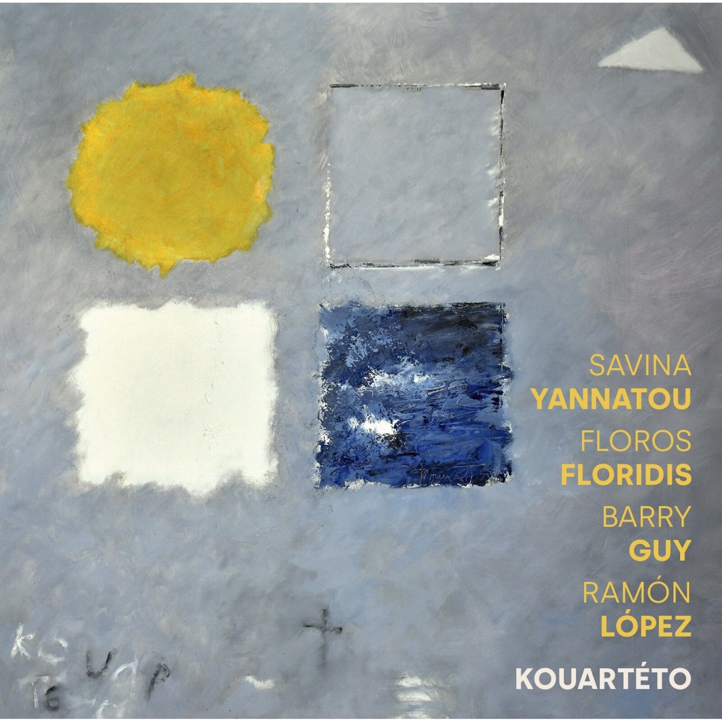CD cover with abstract painted squares in yellow, white, and blue.