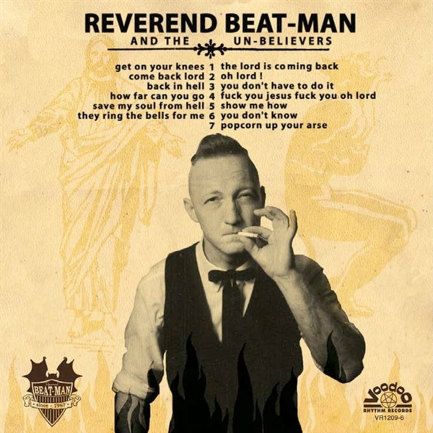 Vintage-style album cover featuring a man in a suit with a mohawk.