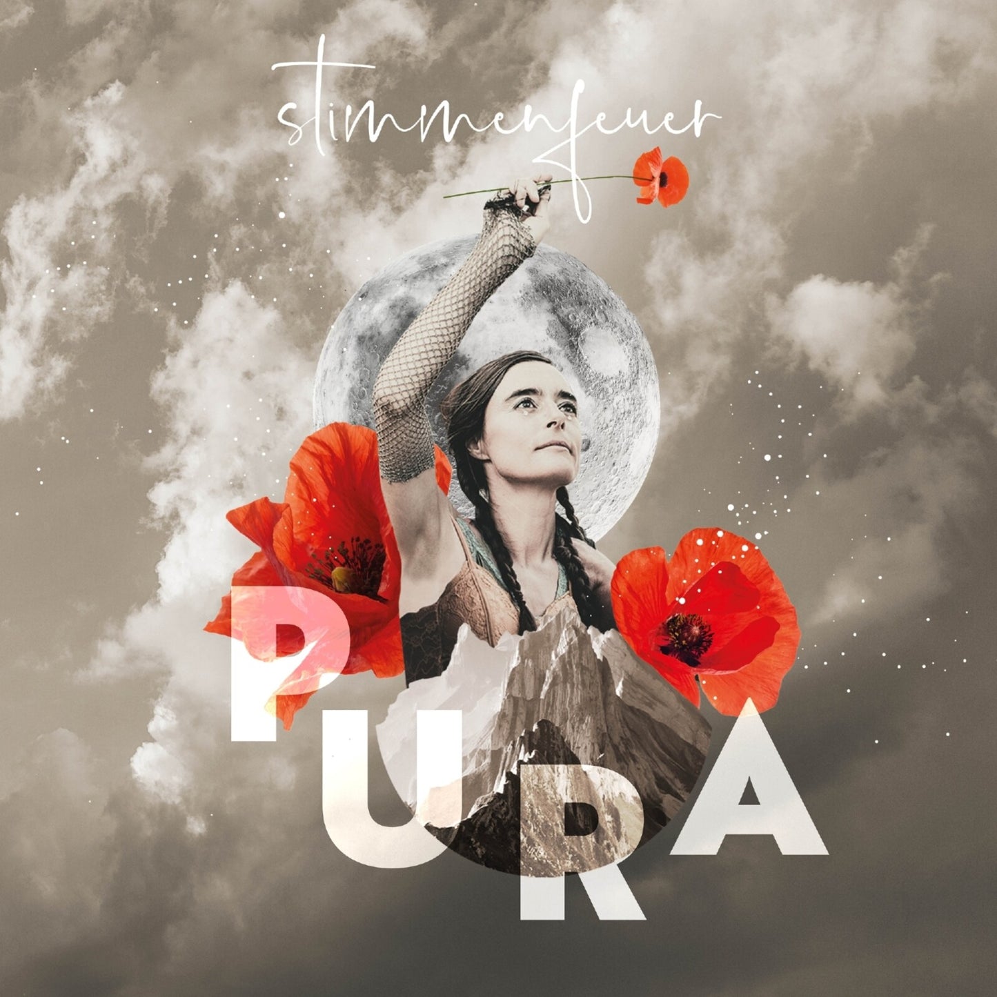 CD cover with a woman, moon, poppies, and cloudy sky.
