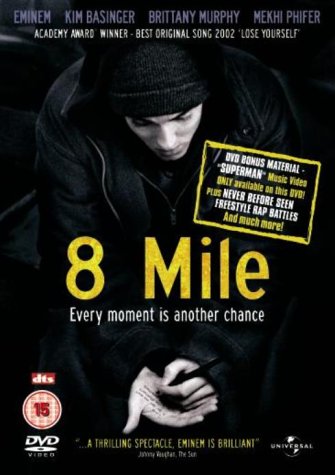 “8 Mile” DVD cover featuring Eminem looking down, with text and ratings.