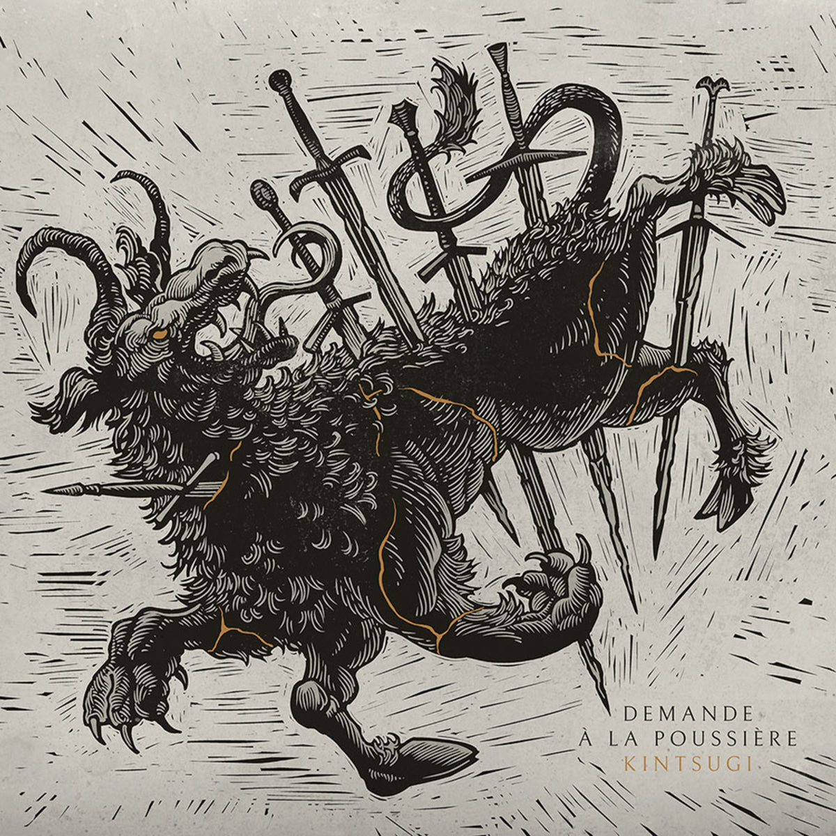 CD cover: Mythical beast with swords, textured illustration, gold accents.