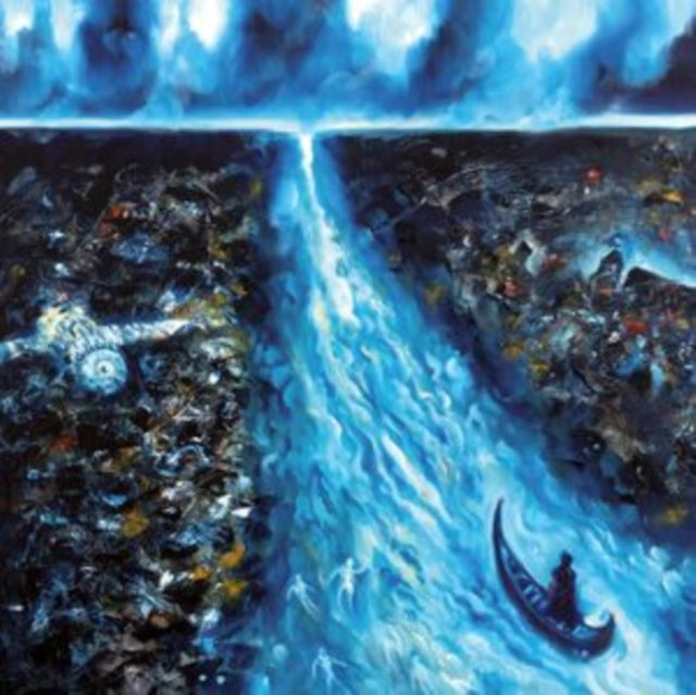 Dark, swirling painting with a bright central stream and small boats.