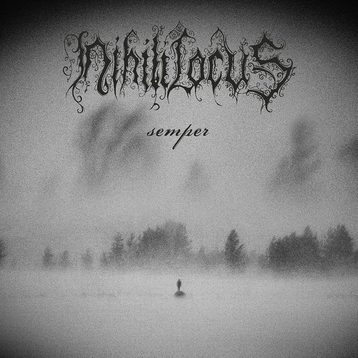 Black and white album cover with ornate text and a lone figure in fog.