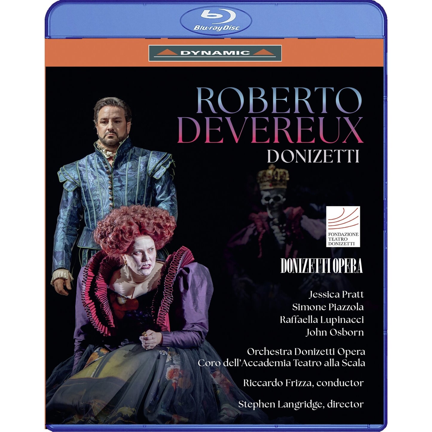 Blu-ray cover for Donizetti's "Roberto Devereux" opera, featuring cast portraits.