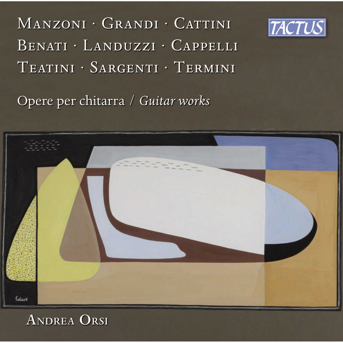 CD cover for Andrea Orsi’s “Guitar Works” with abstract art.