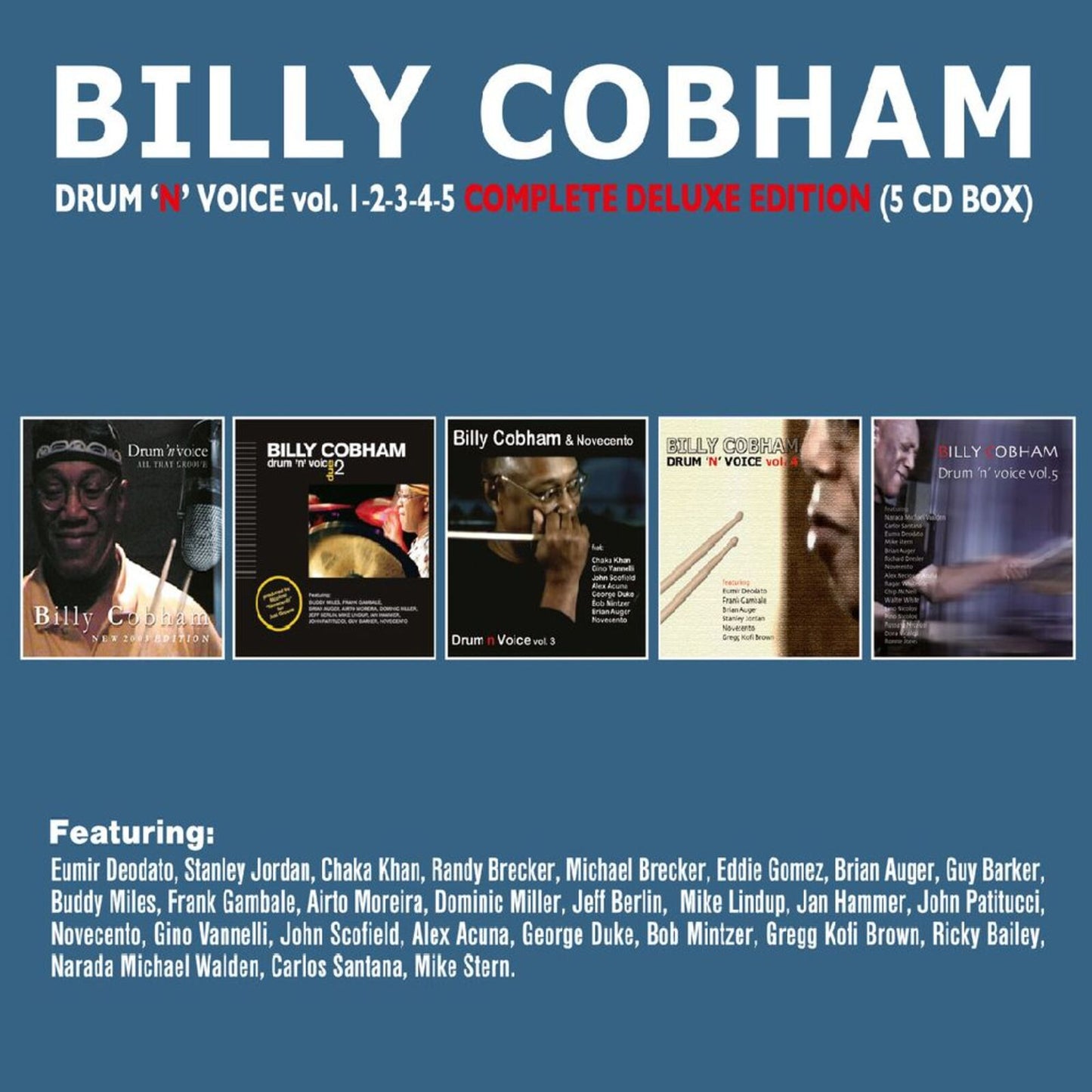 Five CD box set of Billy Cobham’s “Drum N Voice” albums with artist portraits.