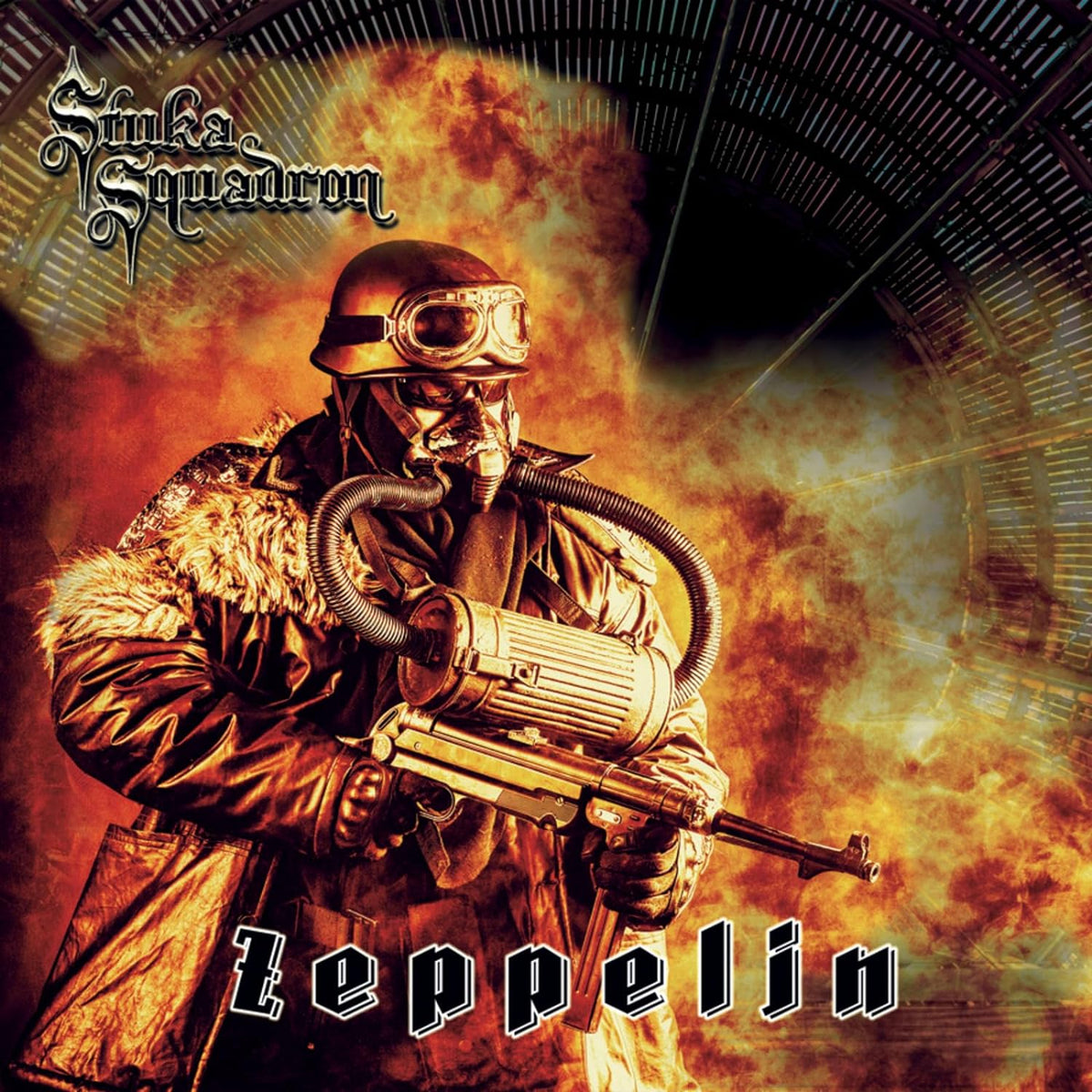 CD cover: steampunk pilot with goggles and a machine gun.