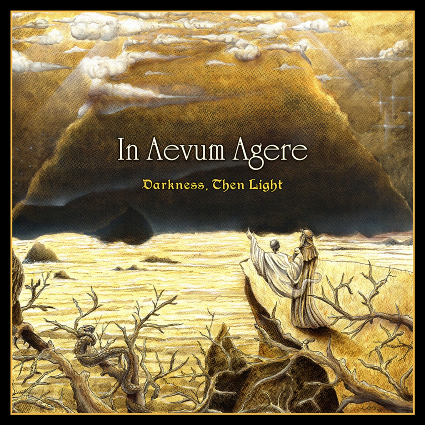 CD cover: dark landscape with figures, clouds, and golden light.