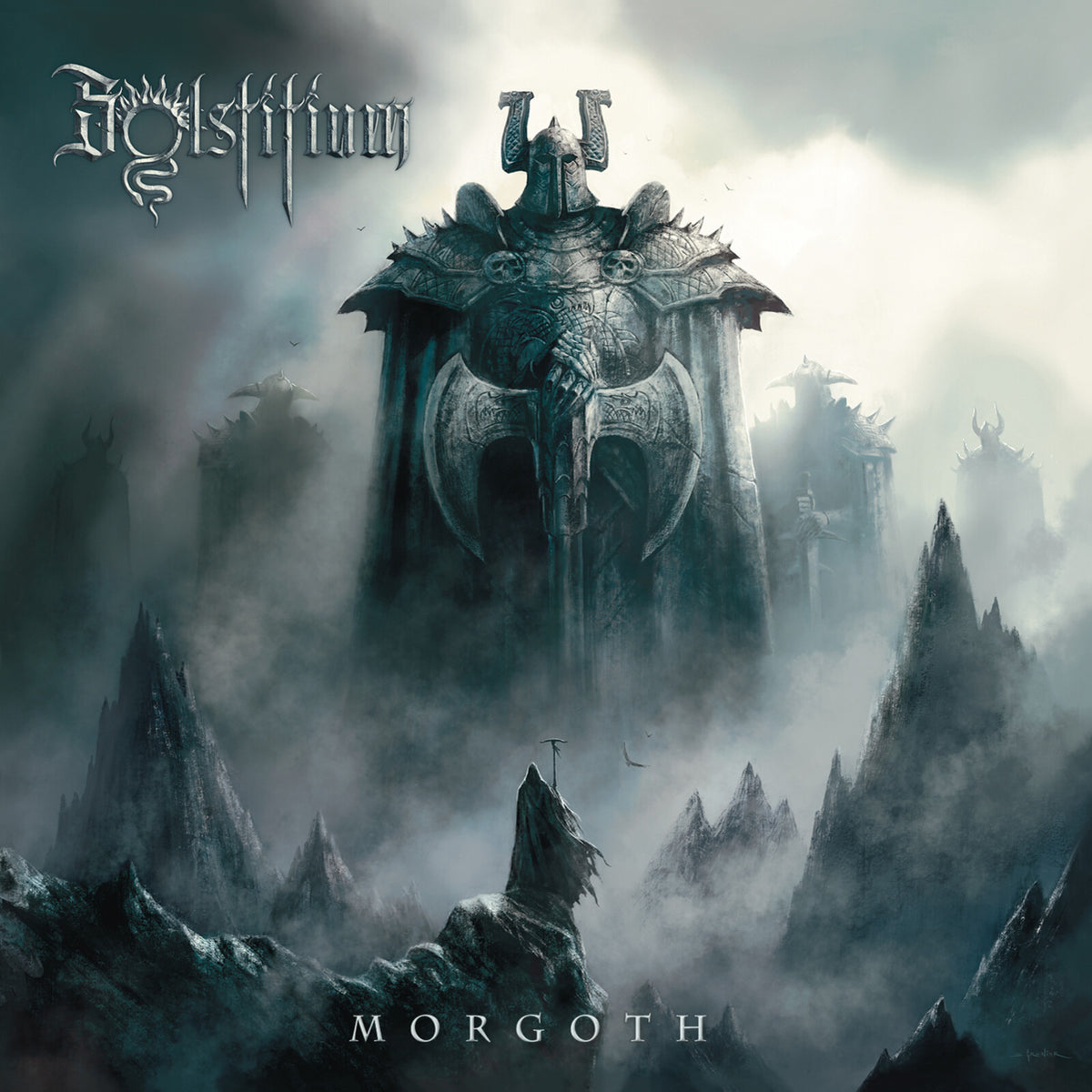 Dark fantasy album cover featuring a fortress with an axe motif.