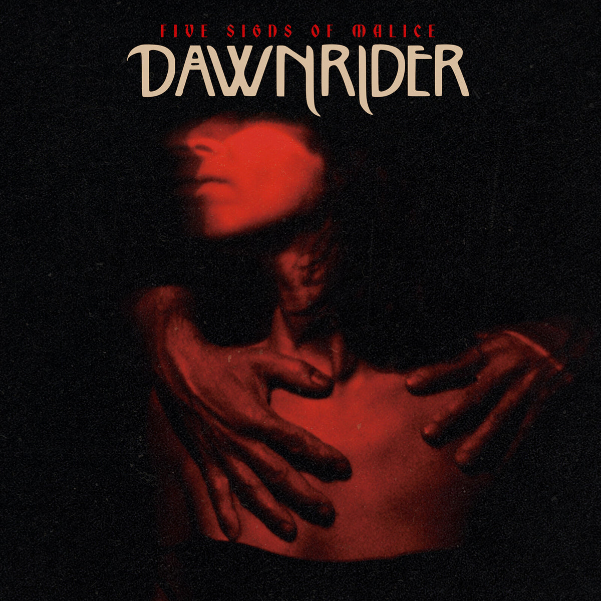 Dark album cover with red text "Dawnrider" and a blurred, shadowy figure.