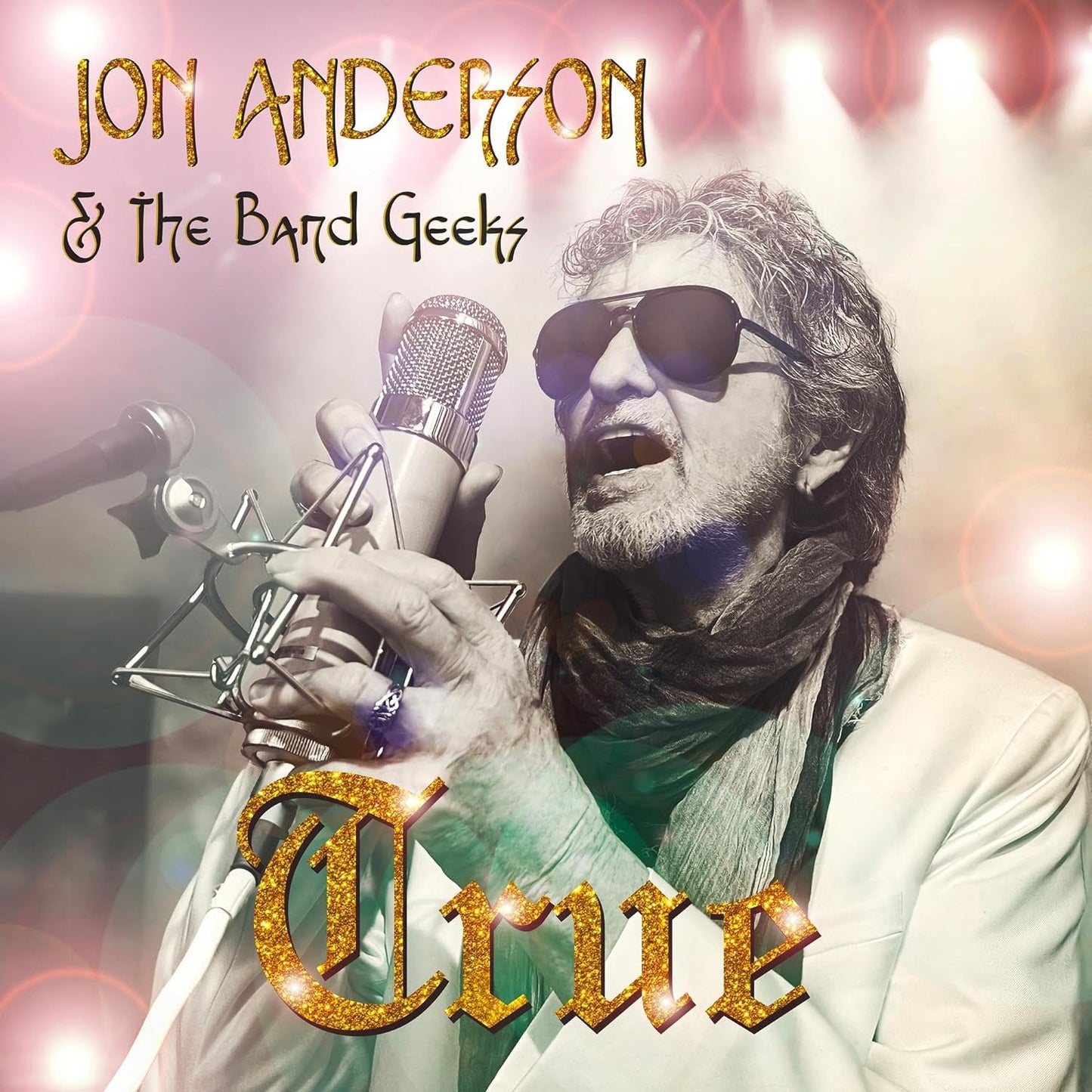 Jon Anderson singing into a vintage microphone, album cover art.