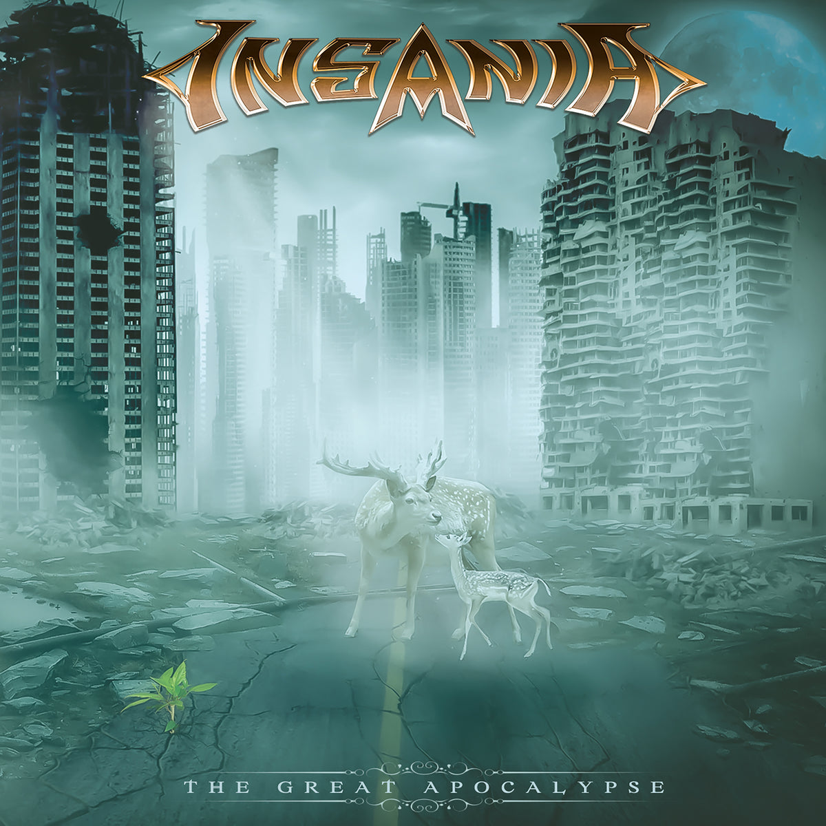 CD cover: ruined city, deer, and the band name "Insania" in gold lettering.