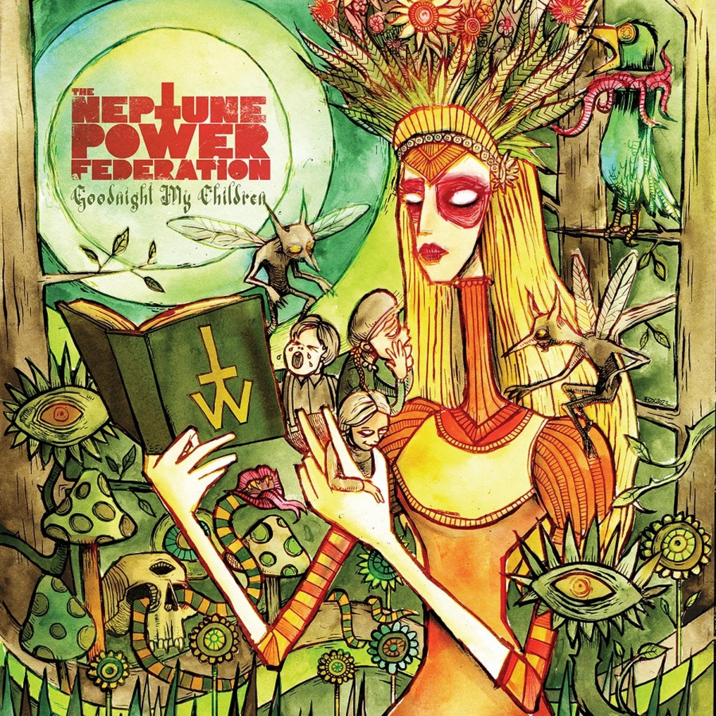 Surreal album cover featuring a long-haired figure with children and strange creatures.