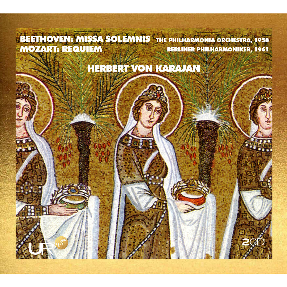 CD cover featuring Byzantine-style mosaic figures and text: Karajan Conducts Missa & Requiem.