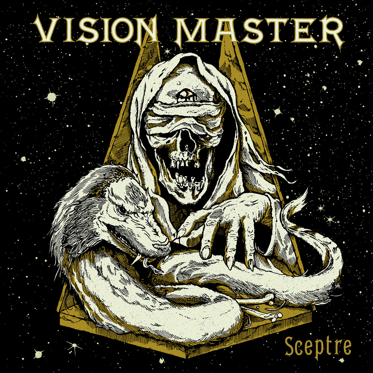 Sketch of a hooded skeletal figure with a snake, album cover.