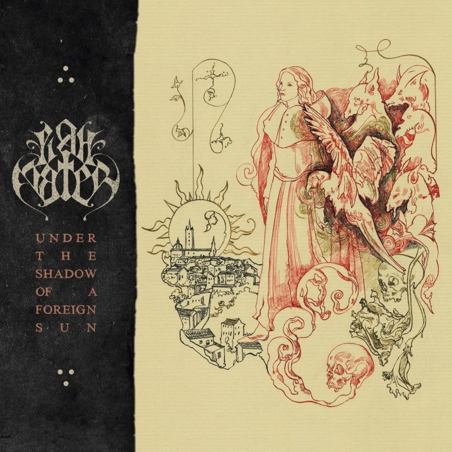 CD cover with ornate script, illustrated figures, and a sunlit town.