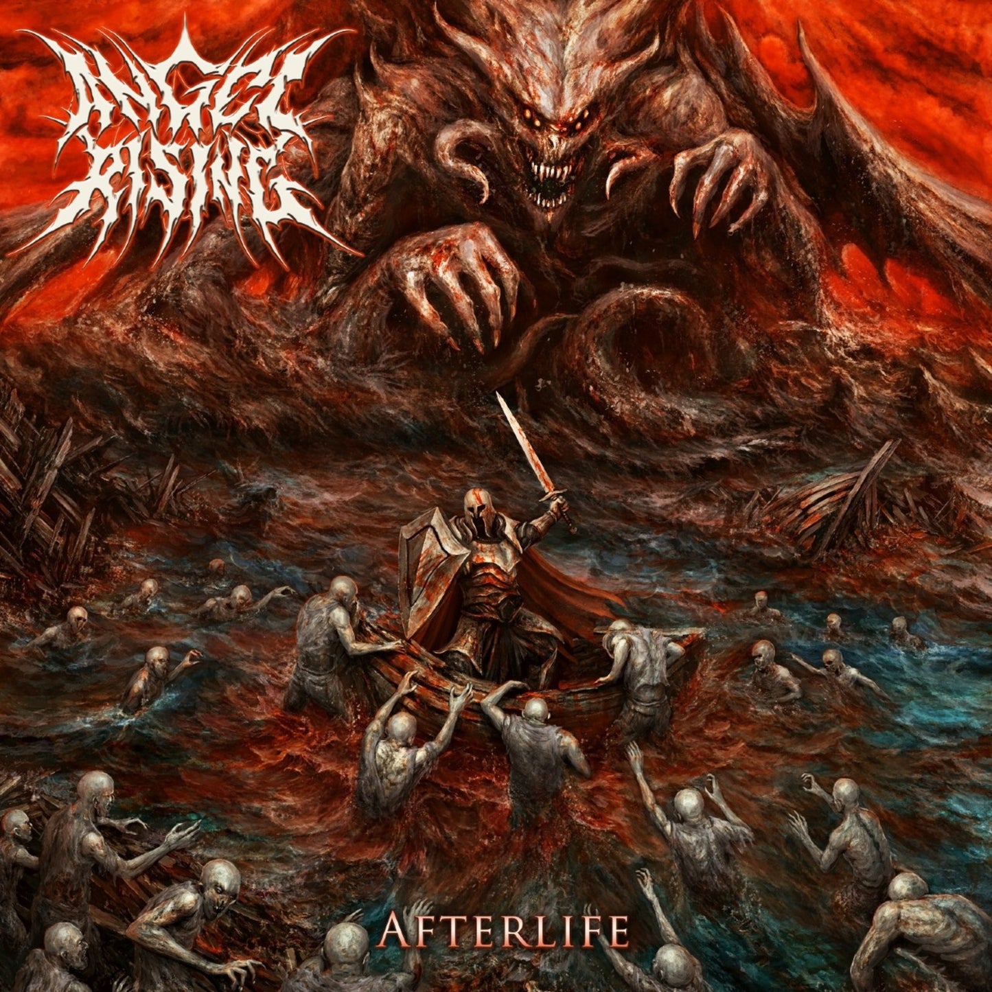 Dark fantasy album cover depicting a knight facing a monstrous, fiery demon.